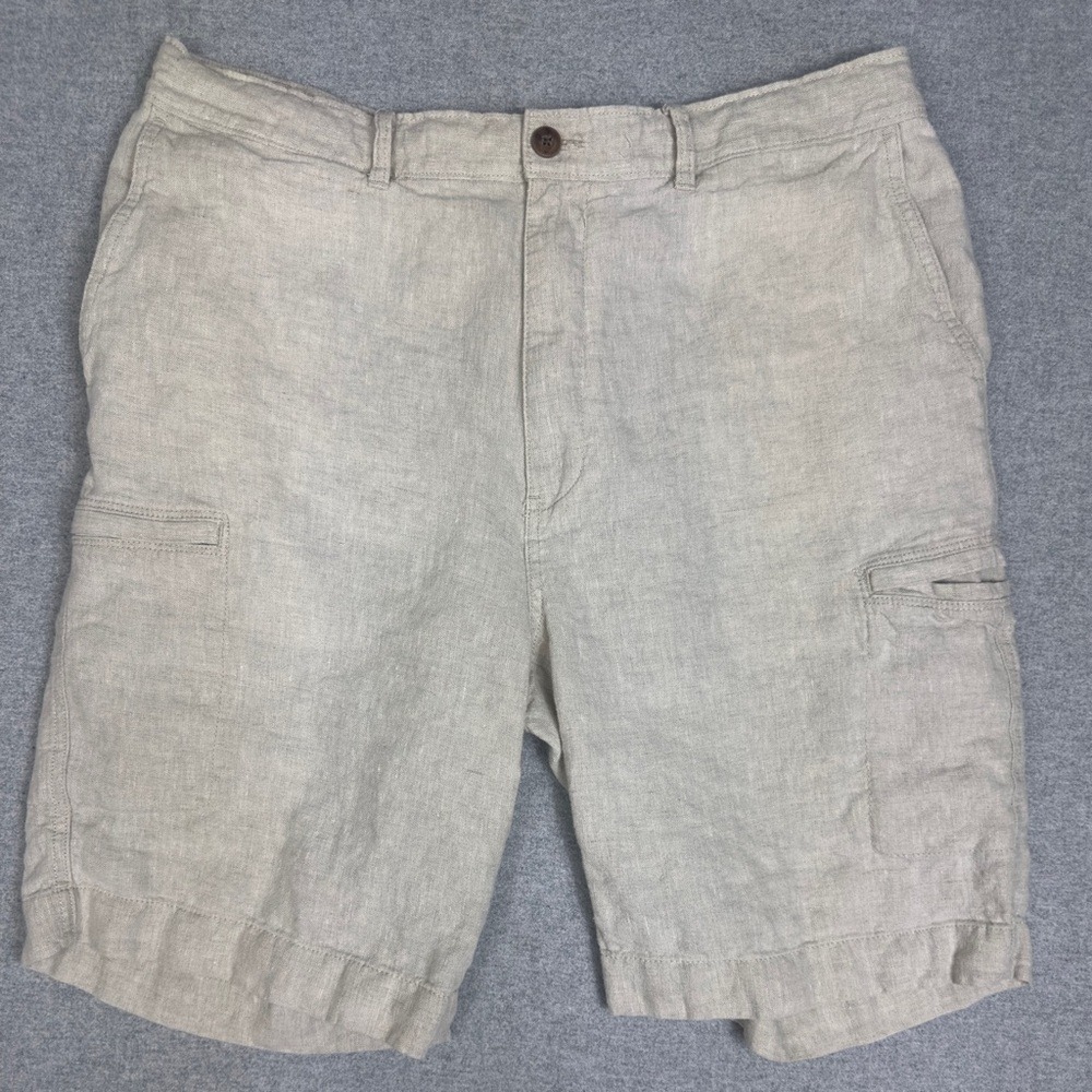 Caribbean Shorts‎ Mens 40 Beige 100% Linen 10" Cargo Elastic Waist Casual Preppy